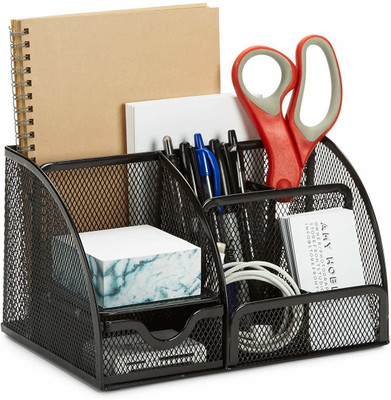 OnisHomes 6 Compartments Metal Pen Pencil Desk Organizer(Black)