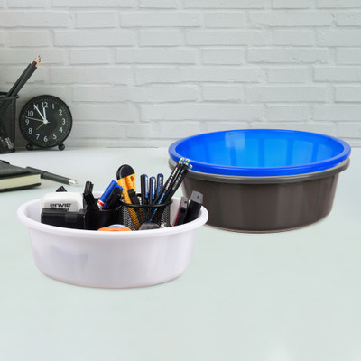 KUBER INDUSTRIES 3 Compartments Plastic Desk Organizer(Gray & Blue & White)