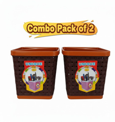 ClutterCut 3 Compartments Plastic Pen Stand(Brown)