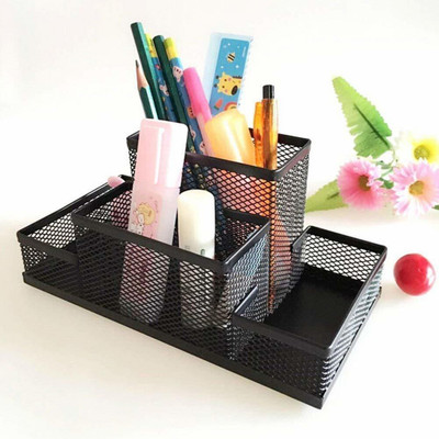 DUS 4 Compartments Metal Metal Mesh 4 Compartments Pen Stand Pencil Stand Desk Organizer(Black)