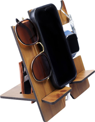 OUTSET 5 Compartments Wooden 5 In 1 Square, Moblie, SmartWatch,Spectacles,Table Organizer(Brown)