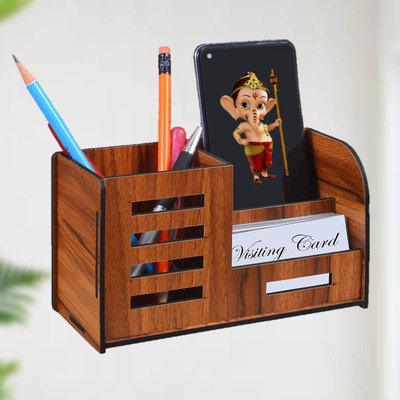 US DZIRE 3 Compartments Wood Pen Stand | Mobile & Card Holder |Home, Office Wall Mount & TableDecor Organiser(Black)