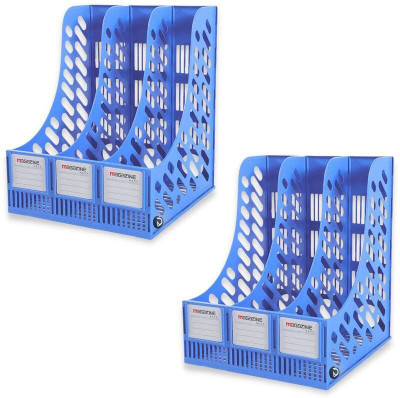 DaKos 3 Compartments Plastic File Rack, File Folder, File Organizer for Office with 3 section (PACK OF 2)(Blue)