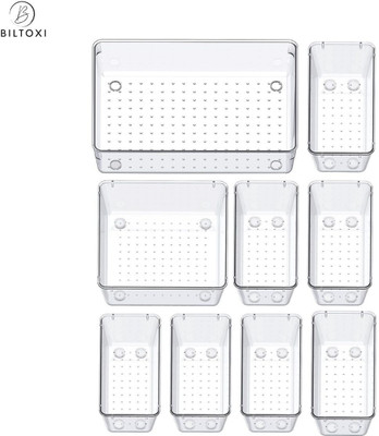Biltoxi 9 Compartments Transparent Drawer Organizer Set for Home & Office, Fridge Storage Organizer Multipurpose Plastic Storage Bins(Clear)