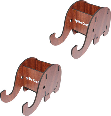 IGNITE CRAFTS 2 Compartments Engineered Wood Elephant Portable Mobile & Pen Holder| Desk Organizer for Home,Office (Set of 2)(Brown)