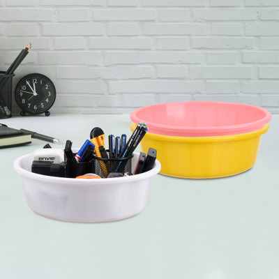 KUBER INDUSTRIES 3 Compartments Plastic Desk Organizer(Yellow & Light Pink & White)