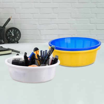 KUBER INDUSTRIES 3 Compartments Plastic Desk Organizer(Yellow & Blue & White)