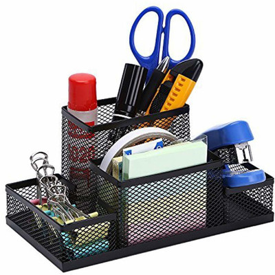 DUS 4 Compartments Metal Mesh Desk Organizer, Mesh Office Supplies Desk Accessories.(Black)