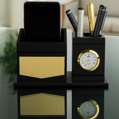 JimShi 2 Compartments plastic pen, card or mobile holder(Black, Gold)