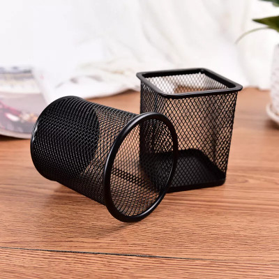 Naama 1 Compartments Wire mesh 2Pc Combo Set of Square & Round Mesh Pen Holders - Table Organizers (pack of 2)(Black)