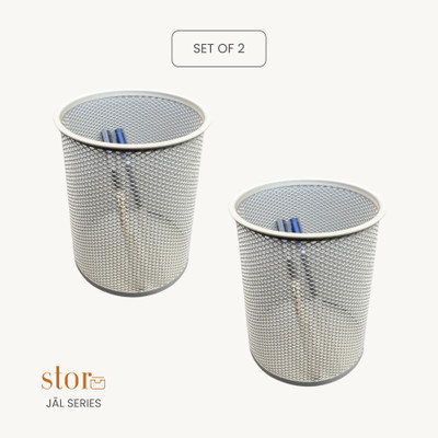 stor 0 Compartments Powder Coated Metal Pen Stand(Ecru White)