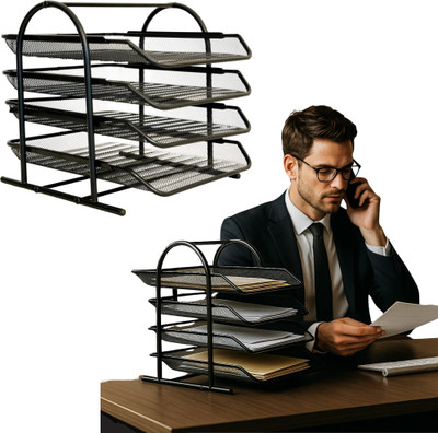 labh 4 Compartments Metal Desk file Tray(Black)