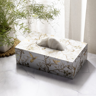 DULI 1 Compartments Floral Printed Tissue Box - MDF Wood Napkin Holder Dining Table (24x14x8 cm)(White)