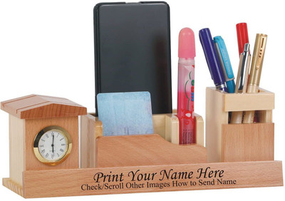 ViaZAID 4 Compartments Polished Glossy Wooden Clock Pen Stand / Mobile Stand For Multipurpose Use(Light Wooden)