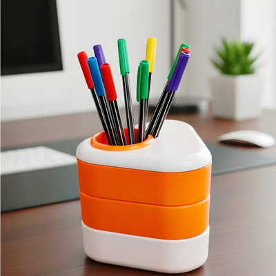 Sandhukart 1 Compartments Plastic Pen pencil stand(Orange And white combination)
