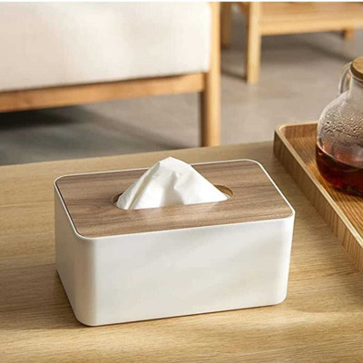 RAJAMALL 1 Compartments PLASTIC, WOODEN tissue box holder(White)