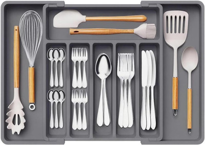 Aliens 8 Compartments Expandable Plastic Tray for Kitchen, Spoons, Forks, Knives, Jewellery, Cosmetic Drawer Organizer(Grey)