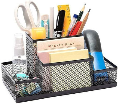 Satvat 4 Compartments Desk Organizer | Metal Mesh Pen Stand & Pencil Holder Stand For Office Table Desk Organizer(BLACK METAL)