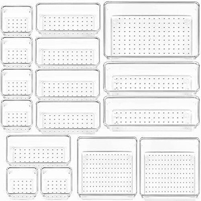 Kienlix 16 Compartments Plastic Desk Drawer Organizer Trays Various Size Bathroom Organizer Storage Tray(Clear)