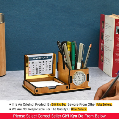 GIFT KYA DE 2 Compartments Wooden Mini Desk Organizer With Calendar 2025 & Clock - Bamboo Calendar(Brown)