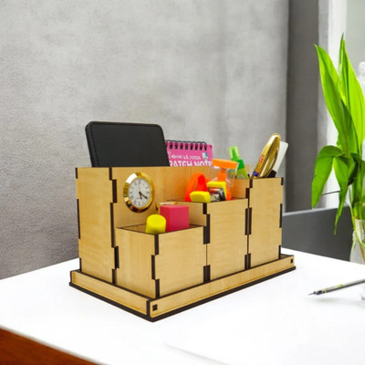 Giftingcare 4 Compartments Wooden Desk Organizer MDF Multipurpose Storage Box with Clock| Remote & Pen Stand |(Beige)