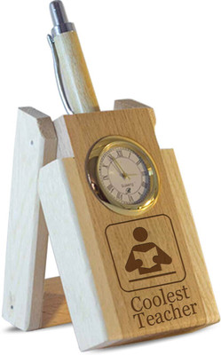TIED RIBBONS 2 Compartments Wood Coolest Teacher Pen Stand(Brown)