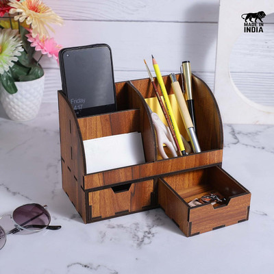 OCHHAV 5 Compartments Wooden Pen Stand with Drawer, Stationery Stand, Mobile Holder | Table Accessories, Visiting card holder For Desk Organizer(Brown)