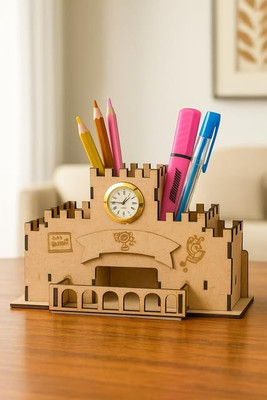 Afast 4 Compartments Wood Wooden Pen / Pencil Stand With Visiting Card & Mobile Holder For Desk Organizers(Brown)