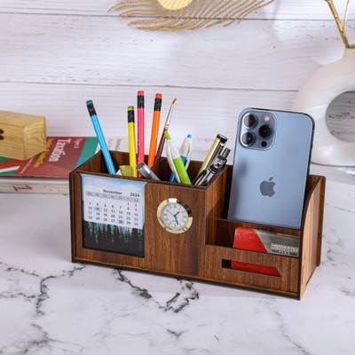 primecode 4 Compartments Wooden Pen Holder With Visiting card Holder and clock(Wood)