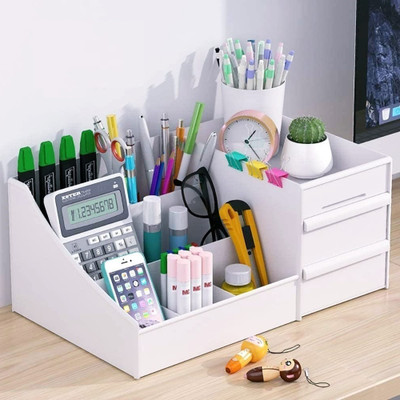 JIGSHTIAL 7 Compartments And 2 Drawer Plastic Pen,Pencil Stationary Organizer Storage Holder Box(White)