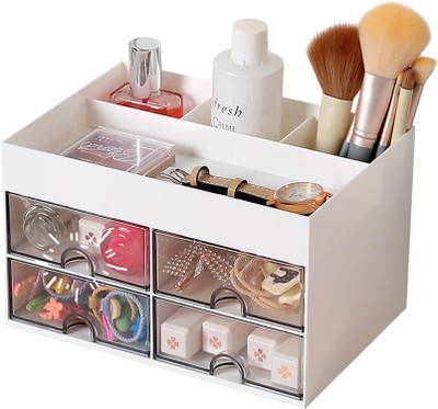 HOUSE OF QUIRK 8 Compartments Plastic Desk Organiser with Drawer Multifunctional Desk Organizer- 21DX14.5WX12.5H Cm(White)