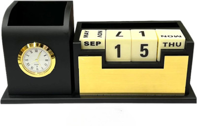 DivviK 2 Compartments Wooden Pen Stand & Desk Clock with Calendar(Golden & Black)
