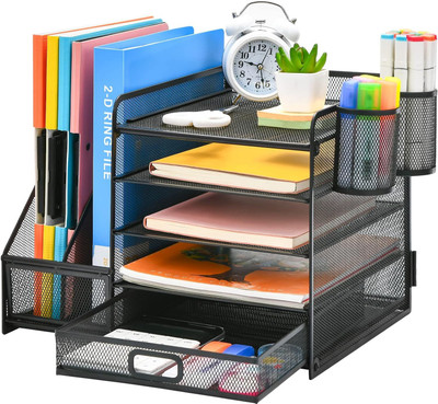 BAREPEPE 7 Compartments Metal Desk Organizer For Office with File Holder and Stationary Organizer(Black)