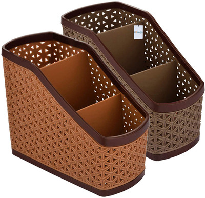 HOMESTIC by Kuber Industries 3 Compartments Plastic Desk Organizers(Brown, Beige)