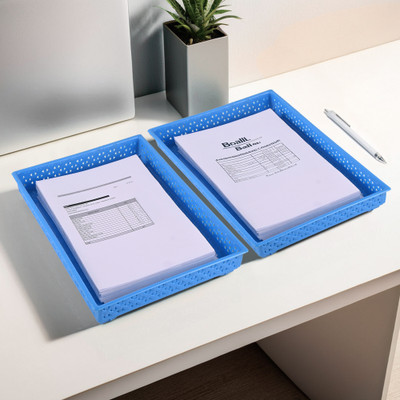 KUBER INDUSTRIES 2 Compartments Plastic Desk Organizers(Blue)