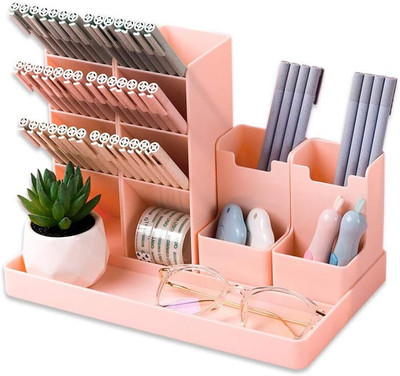 Estervig 13 Compartments Plastic Desktop Organizer Stand with Pen Pencil Holder - Multi-Compartment Storage Box(Pink)