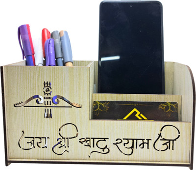 Rahnt international 3 Compartments Khatu Shyam JI Wooden Pen/Pencil Stand with Visiting Card&Mobile Holder Office Desk Organizers(White)