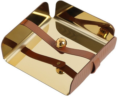 Antalya Homes 1 Compartments Modern Stainless Steel Napkin Holder with Leather Strap(Golden, Brown)