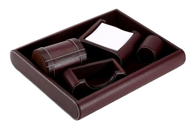 JAGCS 5 Compartments Premium quality PU (faux) leather with textured finish Multi-Compartment Leather Desktop Organizer Set(Brown)
