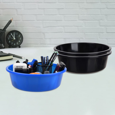 KUBER INDUSTRIES 3 Compartments Plastic Desk Organizer(Black & Blue)
