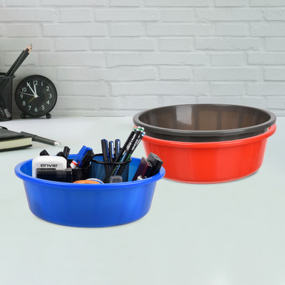 KUBER INDUSTRIES 3 Compartments Plastic Desk Organizer(Red & Gray & Blue)