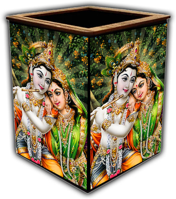 pnf 1 Compartments wooden Colourful Wooden Pen Stand with photo of Radha Krishna -20095(Multicolor)