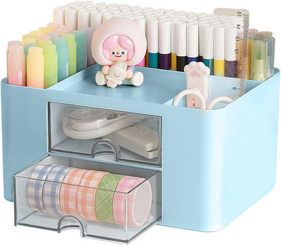 Kienlix 5 Compartments Plastic Multi-functional Desk Organiser with 5 Compartments & 2 Drawer Desktop Office(Blue)