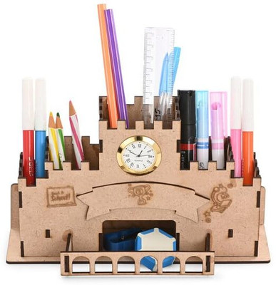 Somil 4 Compartments Wood Wooden Pen / Pencil Stand With Visiting Card & Mobile Holder For Desk Organizers(Brown)