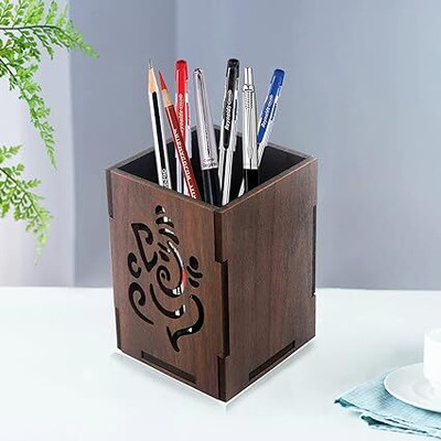 SAMWAX 1 Compartments Wooden Pen / Pencil Stand With Desk Organizers(Broun)