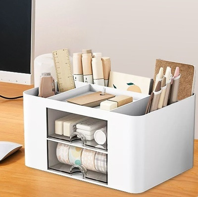 Shrigana 5 Compartments Plastic Desk Organizer With Drawer Desktop Office Stationery Storage Box(White)