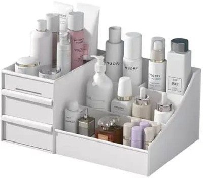 NISHIV 4 Compartments Plastic Desktop Cosmetic Box, Jewelry Holder for Bathroom Vanity and Dressing Room(White)