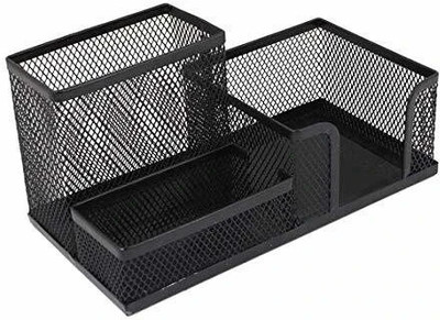 Techsun 3 Compartments Metal Metal Mesh Desk Organizer for Office Pen Pencil Stand Ruler Visiting Card Sticky Notes Holder(Black)