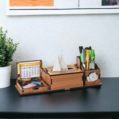 GIFT KYA DE 3 Compartments Wooden Mini Desk Organizer with Clock, Calendar & Tissue Box (Free Tissue Paper Refill)(Dark Wood)