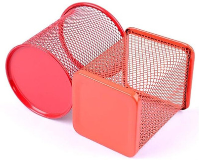 KESHU ENTERPRISE 1 Compartments metal Pen Pencil Stand Holder (square+round/red/pack of 2)(Red)
